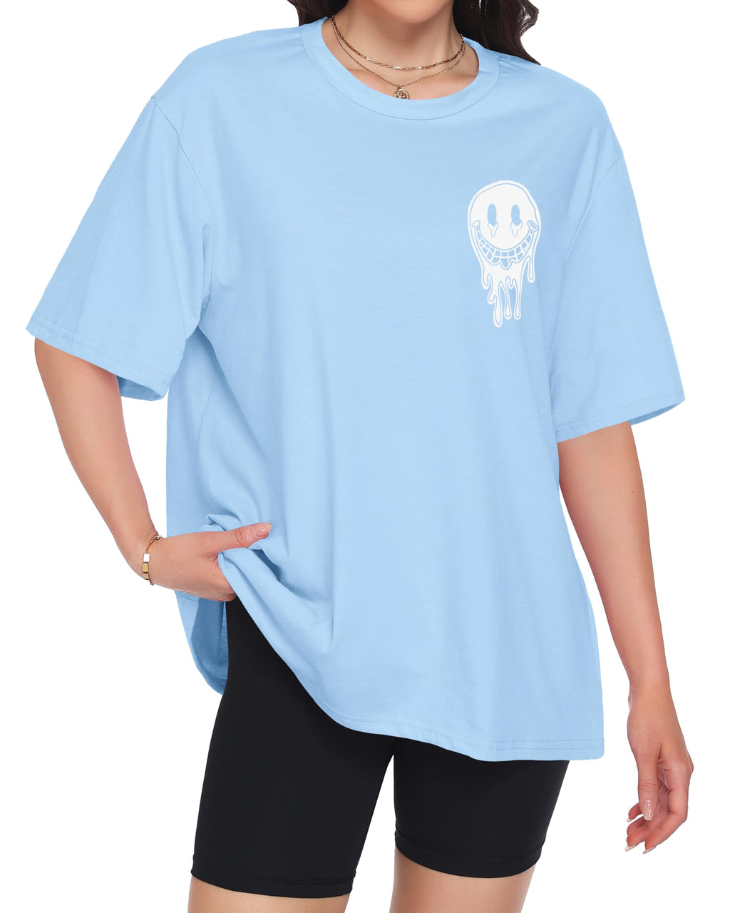 ADOREJOY Oversized Tshirts for Women Crewneck Summer Graphic Tees Short Sleeve Loose Basic Tops, Blue White Print, L