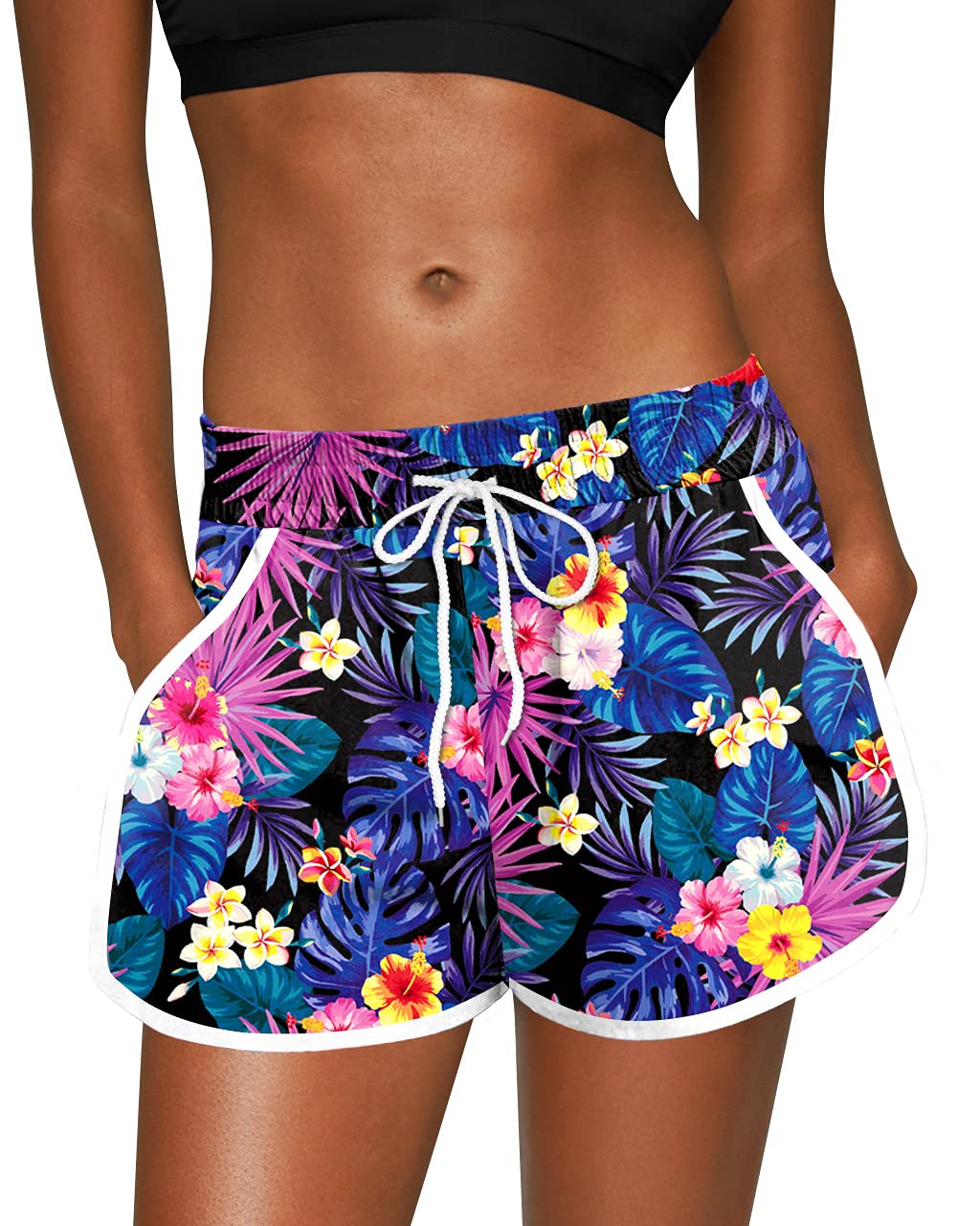 For G and PL Women Hawaiian Board Shorts Beach Tropical Drawstring Summer Shorts Bathing Suit Trunks Flower Tropical XL