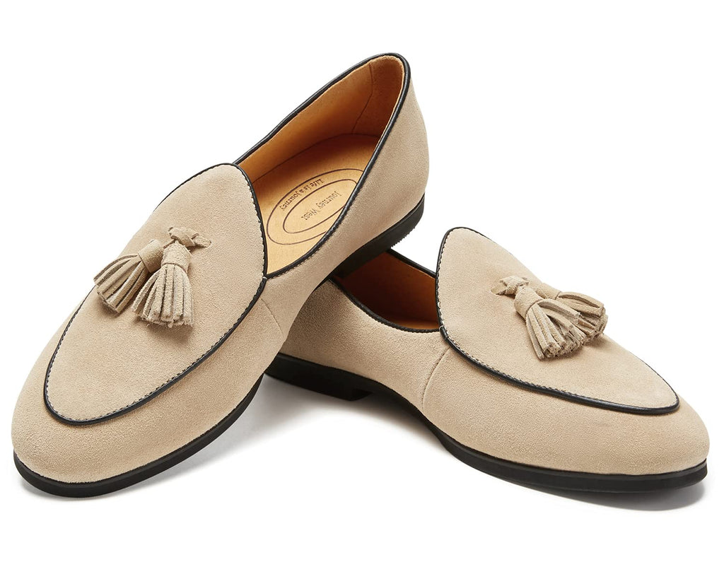 Journey West Men's Tassel Slip-on Loafer Belgian Suede Loafers Casual Leather Shoes for Men Beige US 9