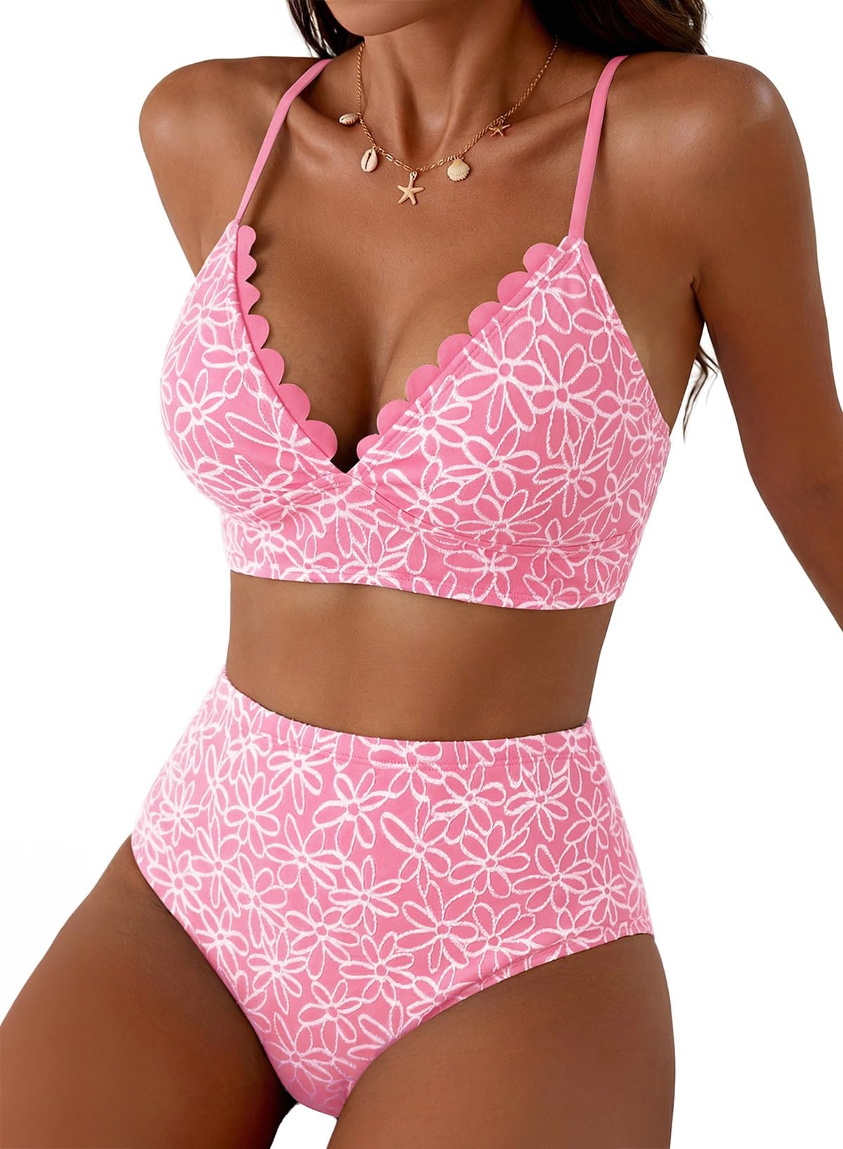 Herseas Women's Stitching Floral Textured Bikini Sets Scalloped V Neck Swimsuits High Waisted Tummy Control Bathing Suits Chic Pink Resort Essentials for Teens 2026 Summer XX-Large
