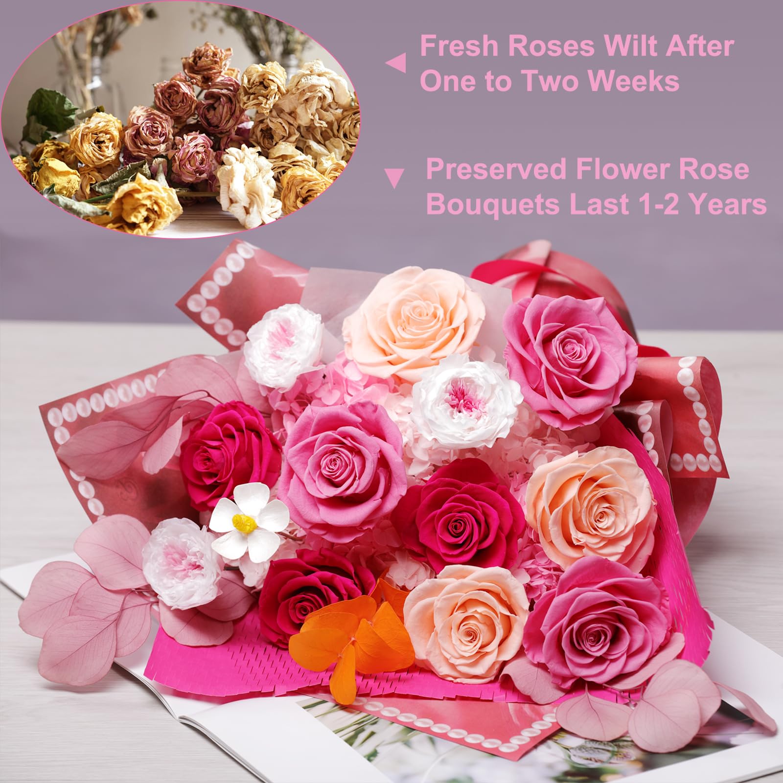 Lovenfold Flowers for Delivery Birthday Flowers Gift for Her,Preserved Flowers Bouquet 12 Roses Mixed Bouquet,Rose Gifts for Women Mom Grandma(Mixed 12 Pink-A Roses)