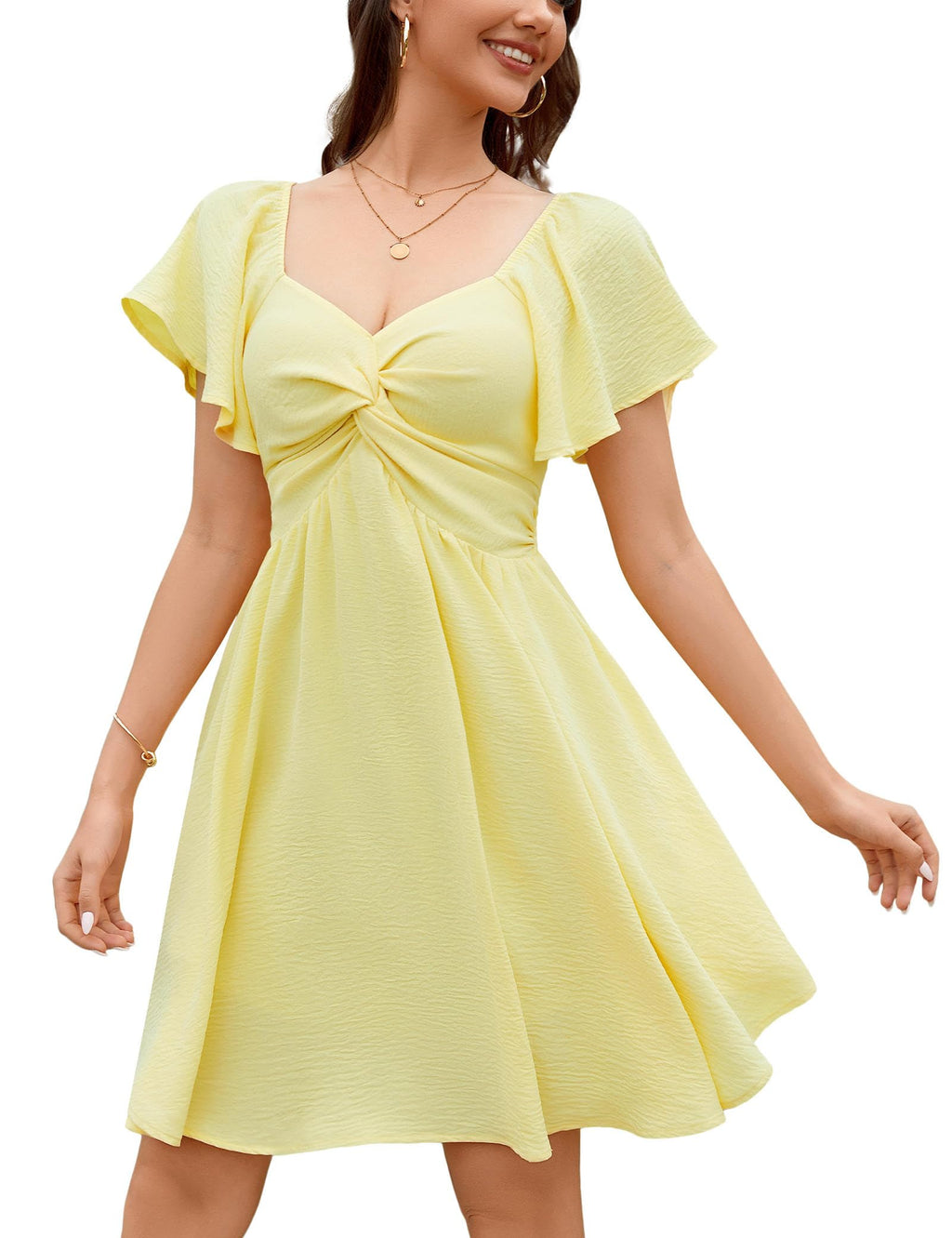 Florboom Women's Summer Sweetheart Neckline Short Sleeve Sexy Mini Dresses Knot Front Chiffon Going Out Picnic Flowy Dress (Yellow, XL)