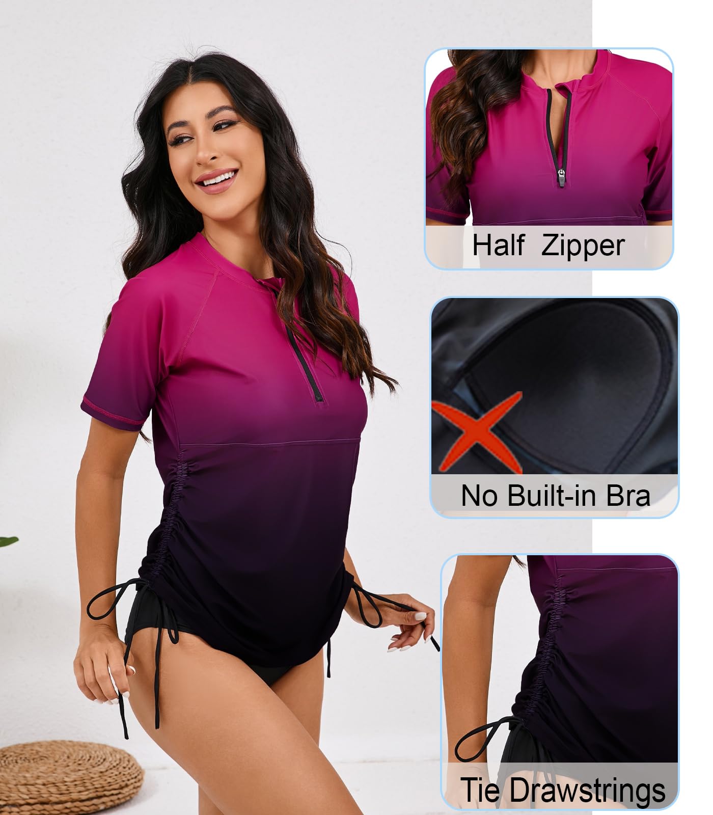 Halcurt Women's Half Zip Short Sleeve Rash Guard Swim Shirt with Tie Drawstring UPF50+ Swimsuit Top Ombre Hot Pink Black XL