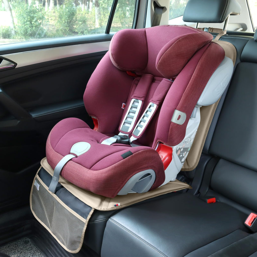 Viaviat Car Seat Protector Leather Waterproof Child Safety Seat Protector Cover with Thick Pad and 2 Large Pockets Durable Kick Mat for All Auto Seat (Beige)