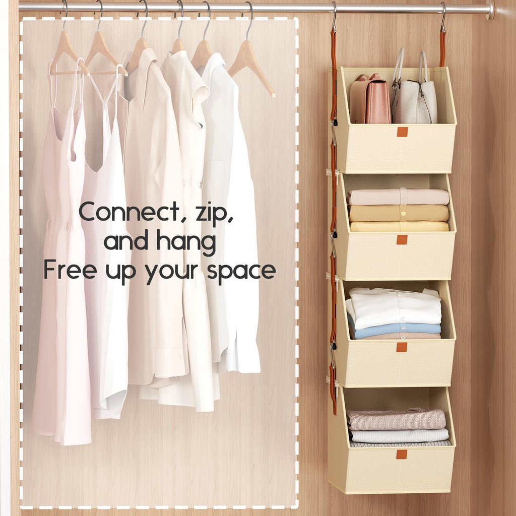 Homsorout Hanging Closet Organizer 4 Tier - Clothes Hanging Shelves, Space-Saving Closet System, Fabric Storage Bins Bedroom Organization, Collapsible Baskets for Home, Dorm, Rv, Beige