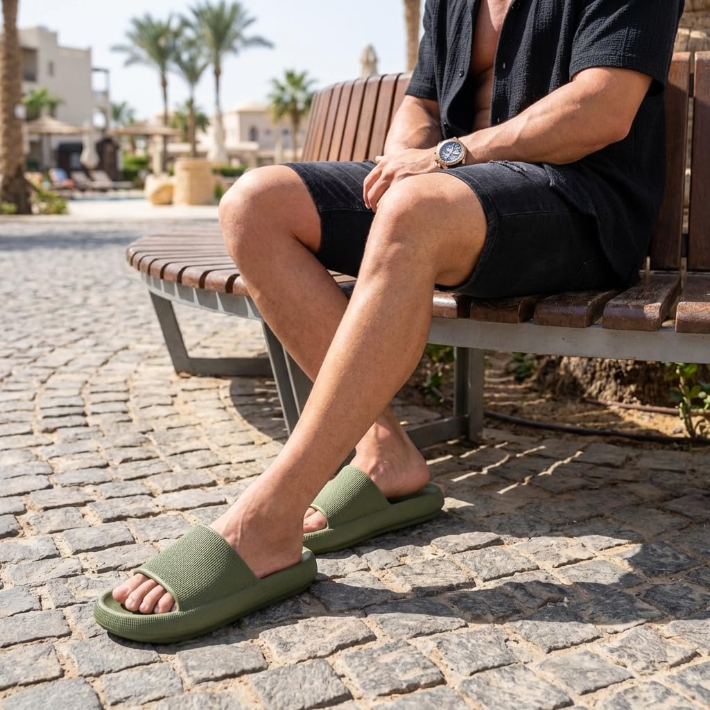 CUSHIONAIRE Feather EVA Mens Sandals – Slip On Recovery Slides, Lightweight Water Shoes for Men, GREEN 12