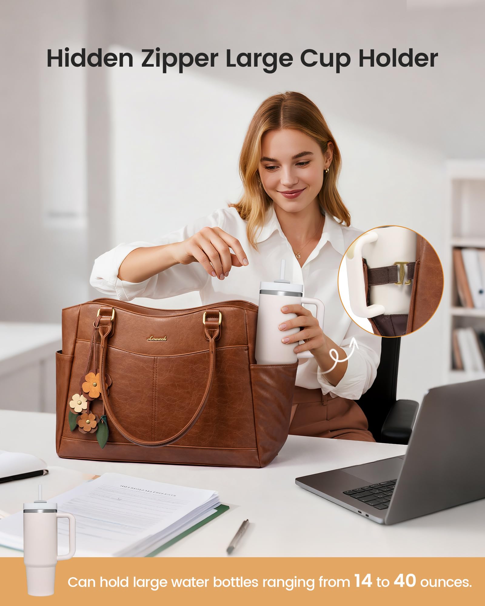 LOVEVOOK Laptop Bag for Women, 17.3inch Original Vintage Work Tote Bag Computer Office Teacher Bag with Large Cup Holder, Brown