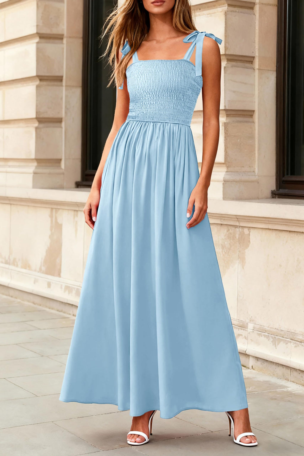 PRETTYGARDEN Womens Summer Dresses 2026 Sleeveless Smocked Maxi Dress Boho Spaghetti Strap A Line Flowy Beach Long Sundresses(Light Blue,Small)