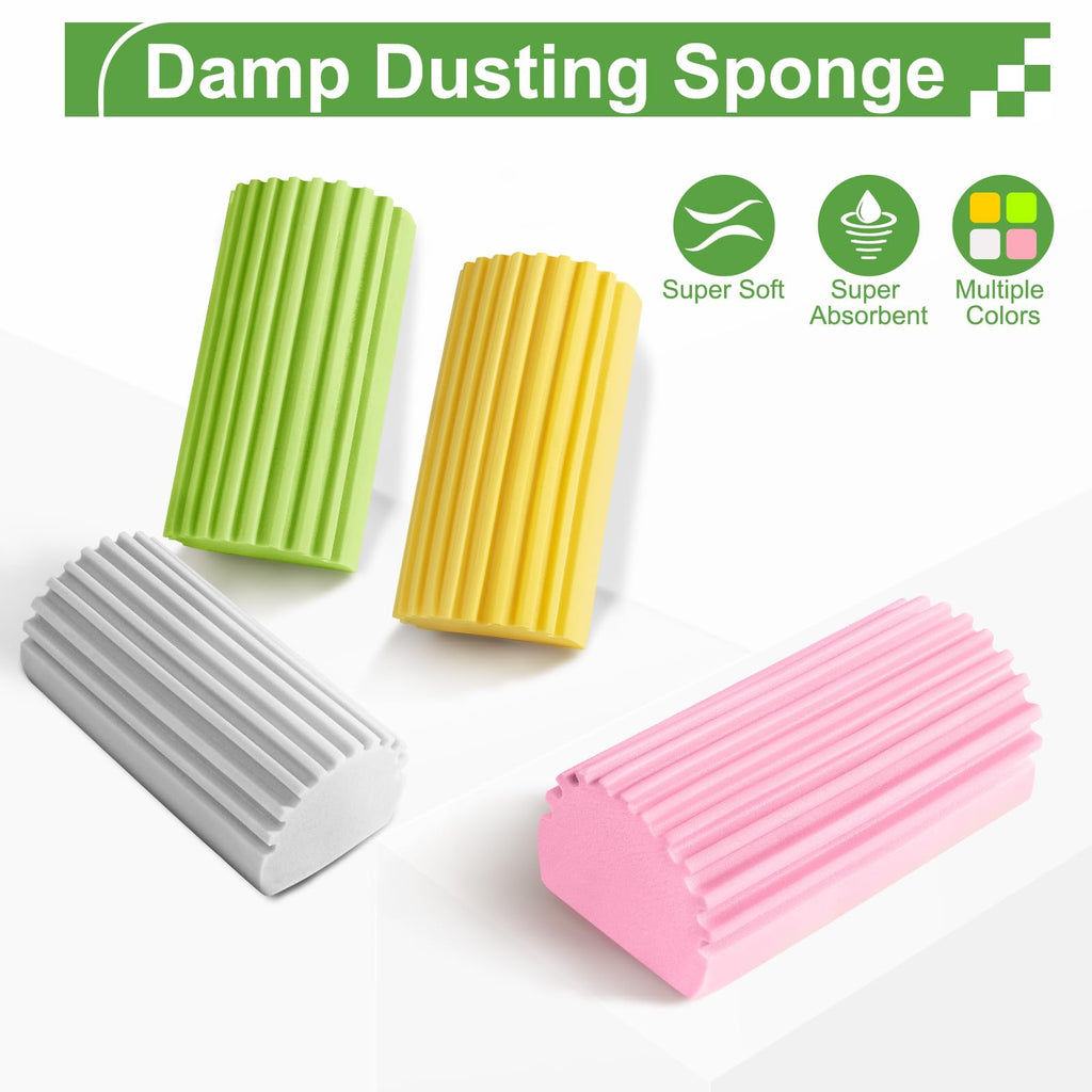 Jeymei 4-Pack Damp Clean Duster Sponge,Damp Dusting Sponge,Duster Baseboard Cleaner Sponge with Ridges,Reusable Wet Duster Sponge,Household Cleaning Sponges for Blinds(Grey,Yellow,Pink,Green)
