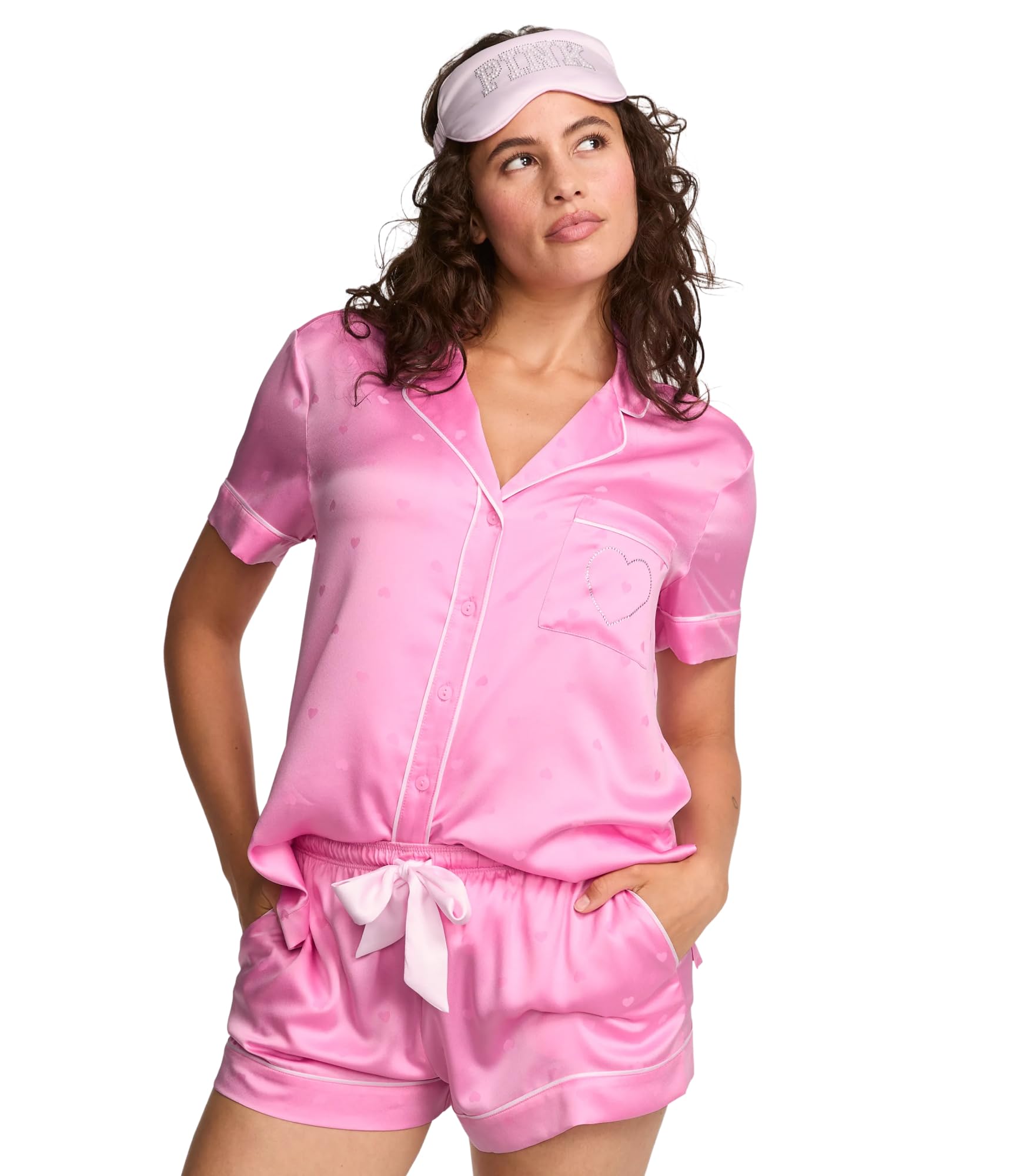 Victoria's Secret PINK | Elle 3-Piece Satin Eye Mask & Short Pajama Set, Pink Lollipop, M