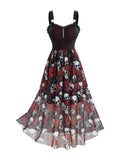 Rosegal Plus Size Gothic Dress for Women Halloween Costume Dress Skull Rose Print Mesh Maxi Tank Goth Swing Dresses Witchy Costume Vampire Dresses with Pockets(Red/1X)
