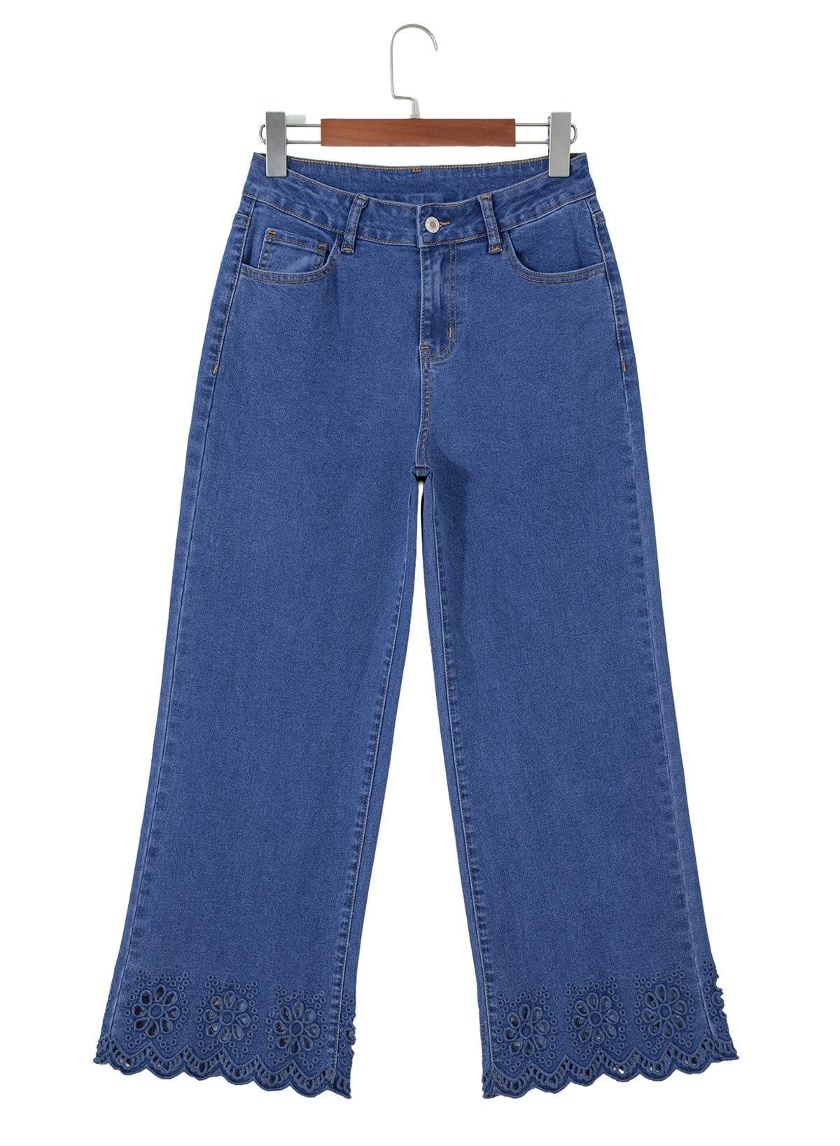 Sidefeel Womens Wide Leg Embroidered Jeans High Waisted Stretchy Straight Leg Loose Fit Ankle Denim Pants Dark Blue Size 10