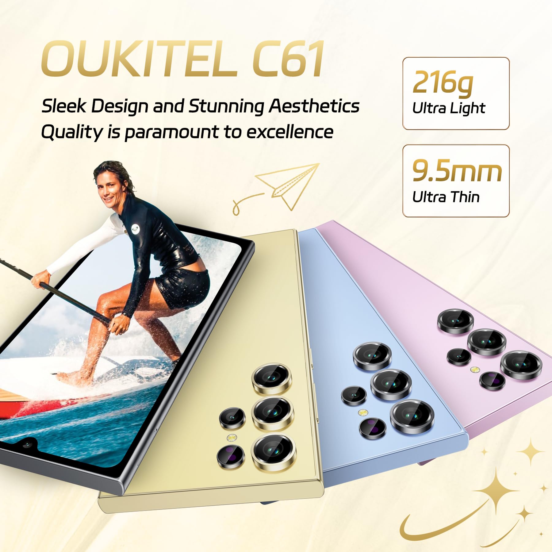 OUKITEL C61 Unlocked Cell Phone 2025- Android 15, 6.88" Display Smartphone, 16GB+128GB/1TB, 5150mAh Battery Phone, 13MP Camera, 4G Dual Sim Mobile Phones, Fingerprint/Face Unlock/GPS/BT5.0, Purple
