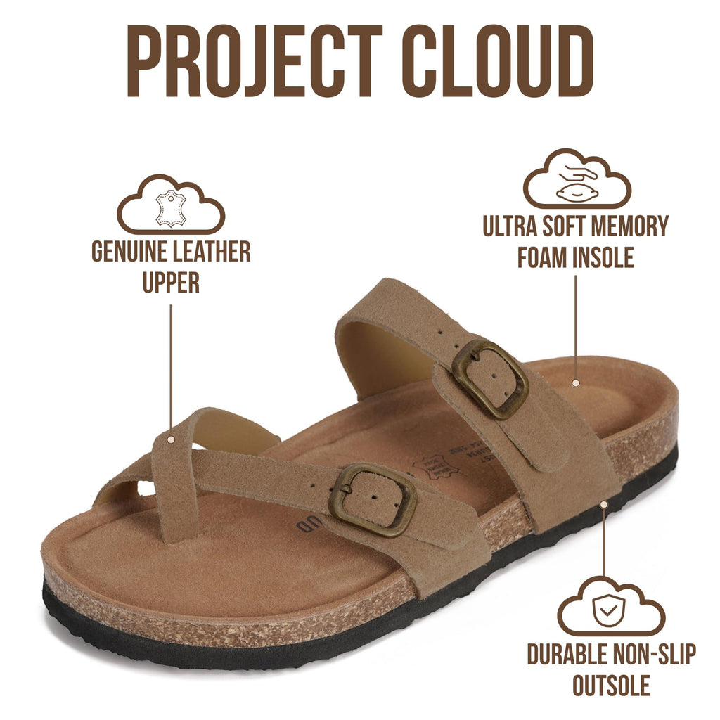 Project Cloud 100% Genuine Leather Womens Sandals -Lightweight Womens Slides Memory Foam Insole & Cork Footbed Sandals Women - Non-Slip Beach Essentials Summer Sandals for Women 2026(Lian,CHSTNUT,9)
