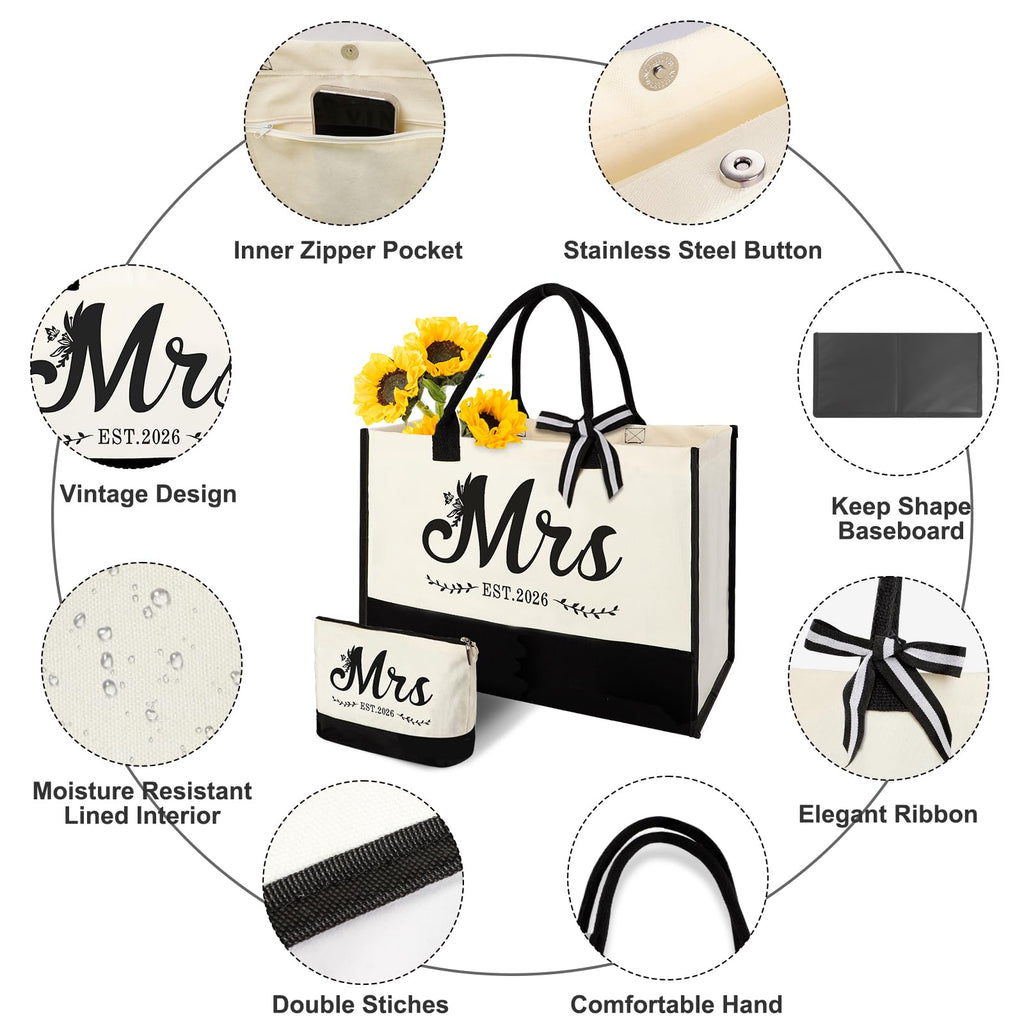 Vanqruo Mrs 2026 Bride Canvas Tote Bag with Makeup Bag, Wedding Gifts for Bridal Shower Bachelorette Party Engagement Honeymoon, Miss to Mrs, Bride to Be Gifts