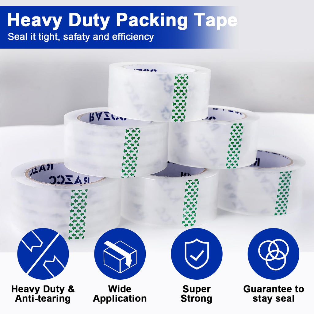 RAZCC Clear Packing Tape, 18 Rolls Heavy Duty Packaging Tape with Dispensers for Packing Shipping Moving and Sealing, Thicker Packing Tape-2" x 65 Yards Per Roll, 1170 Total Yards