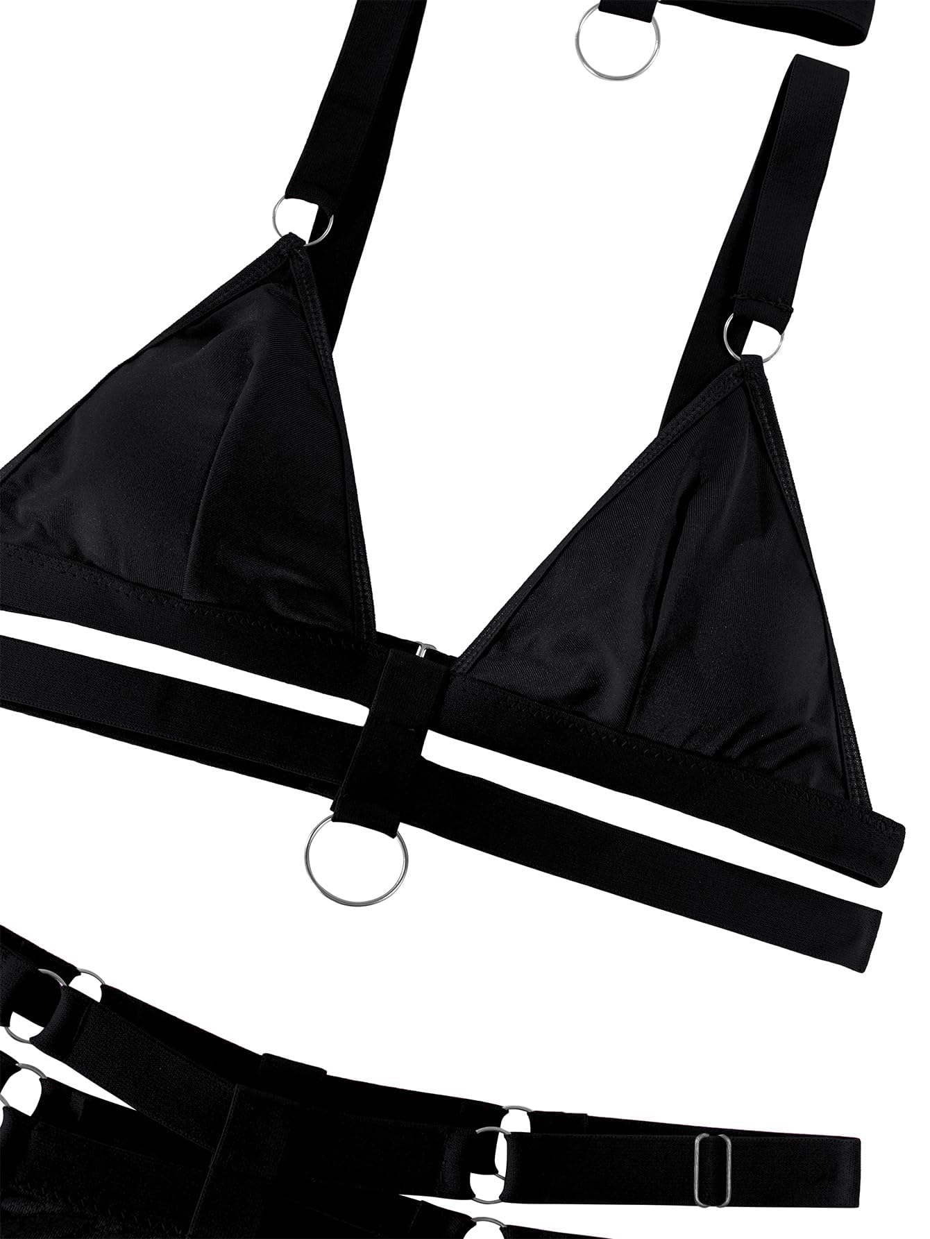 Lilosy Petite Sexy Wireless Choker O Ring Linked Strappy Harness Lingerie Set Outfits 3 Piece Women Matching Bra Panty Underwear Black 3X-Small