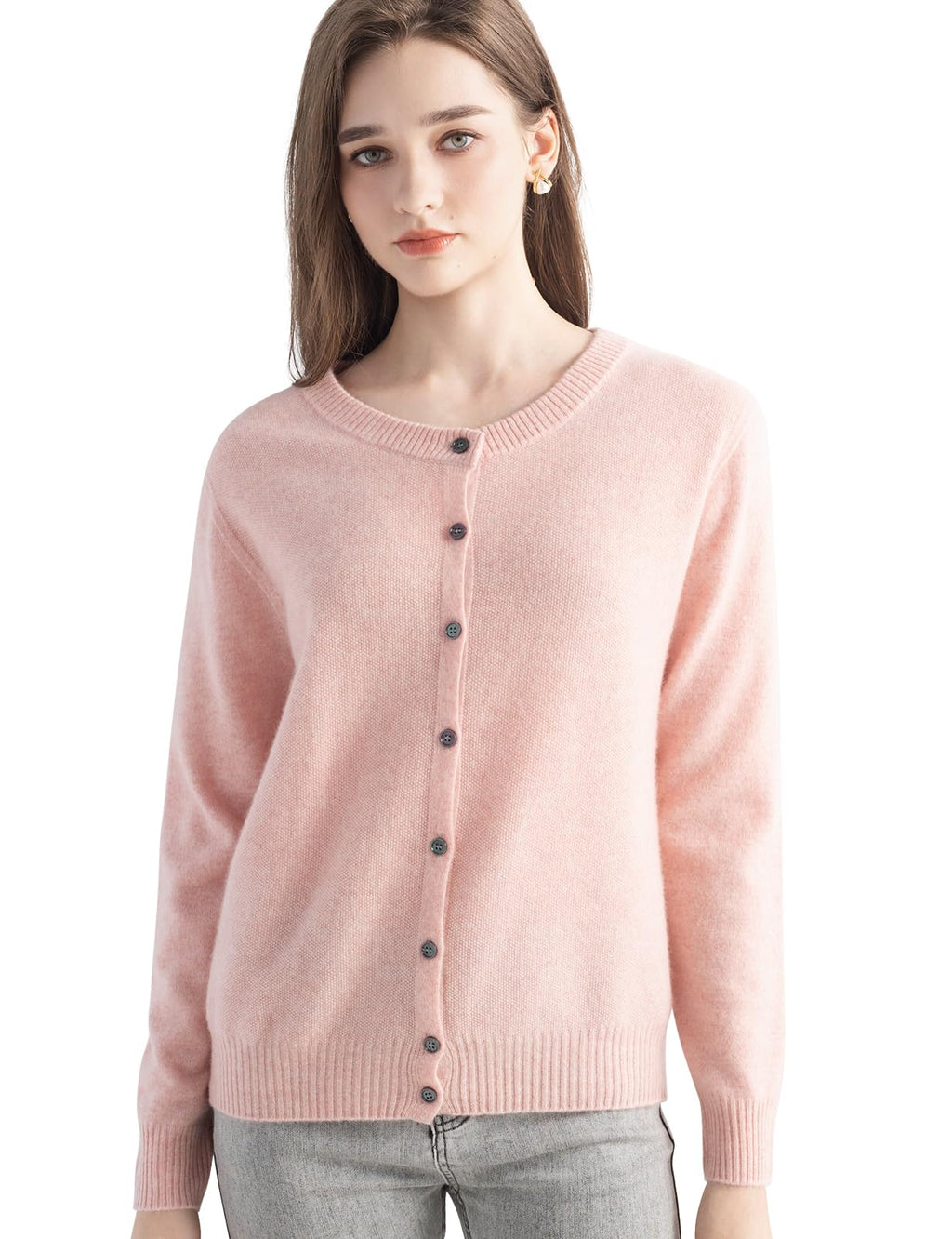 Chanyarn Women's 100% Pure Cashmere Cardigan Crew Neck Long Sleeve 2025 Fall Winter Warm Soft Knit Cardigan Sweater (Pink17176,M)