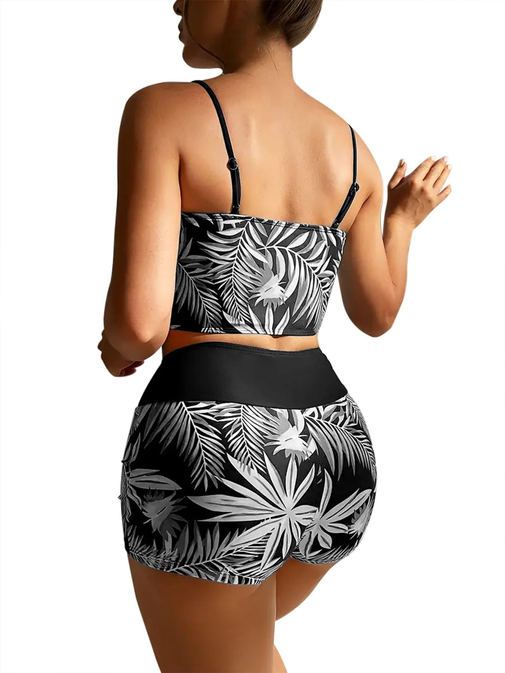 Lilosy Tummy Control Drawstring High Waisted Bikini Set String Swimsuit Spaghetti Strap Cami Top and Tie Side Shorts 2 Piece Women Bathing Suit Leaf Black Small
