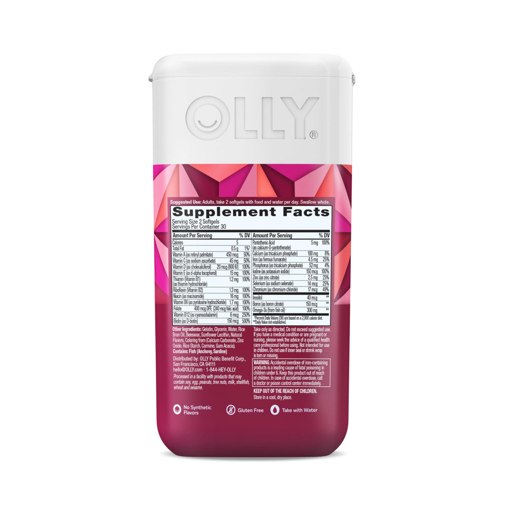 OLLY Ultra Women's Multi Softgels, Overall Health and Immune Support, Omega-3s, Iron, Vitamins A, D, C, E, B12, Daily Multivitamin, 30 Day Supply - 60 Count