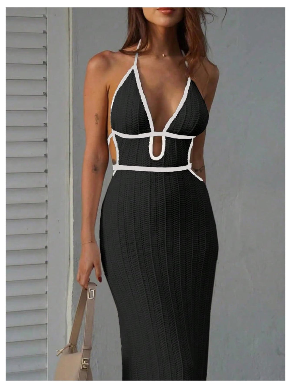 GORGLITTER Women's Deep V Halter Knit Boho Maxi Dress Backless Crochet Birthday Fall Wedding Guest Long Dresses Black Small