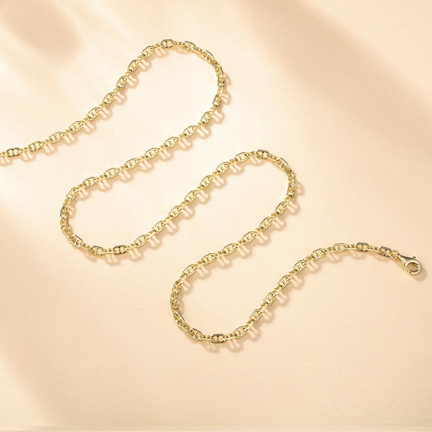 FANCIME 'Sunlit Grace' 14K Gold Plated Silver Chain for Men Women,925 Sterling Silver Solid Flat Mariner Curb Link Chain Necklace for Men & Women(3.1mm,20 inch)