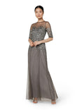 Adrianna Papell Women's 3/4 Sleeve Beaded Illusion Gown with Sweetheart Neckline, Lead, 6