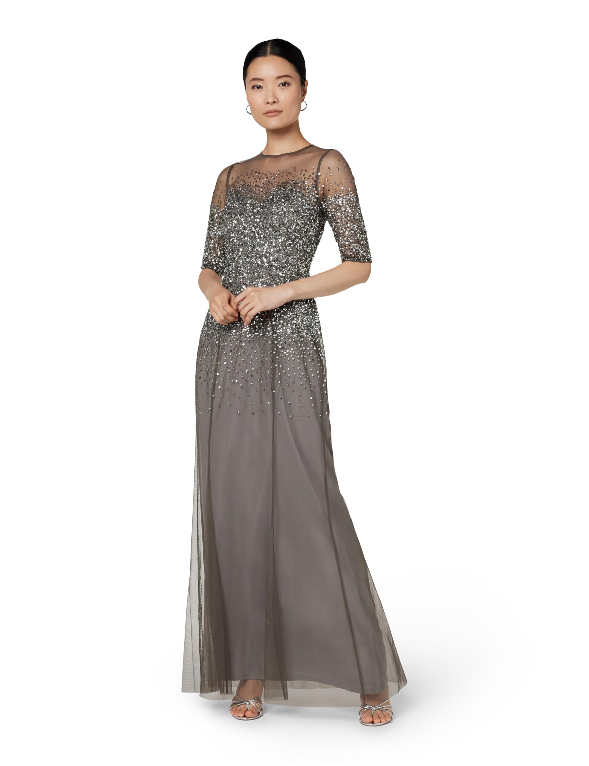 Adrianna Papell Women's 3/4 Sleeve Beaded Illusion Gown with Sweetheart Neckline, Lead, 6