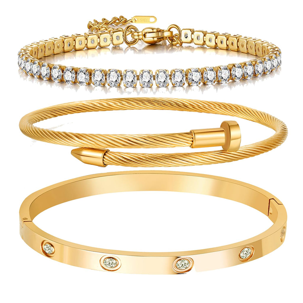 A D. 18 K Gold Plated Love Bangle Bracelet Set Stackable Cubic Zirconia Chain Bracelet Stainless Steel Chain Gold Bangle Bracelets for Women Valentine's Day (3 Sets(Tennis,Bangle))