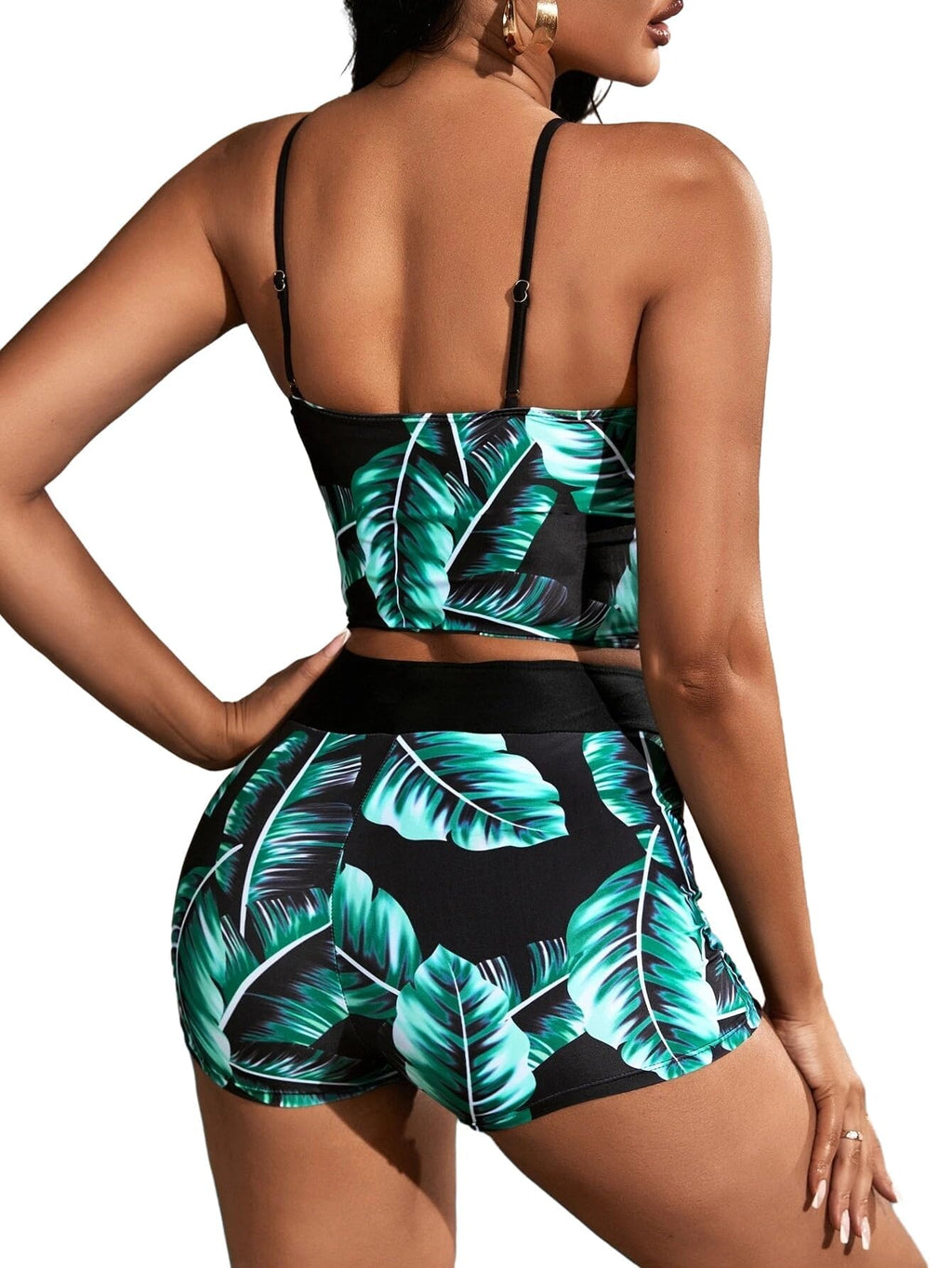 Lilosy High Waisted Tummy Control Drawstring Bikini Set String Swimsuit Top and Tie Side Shorts 2 Piece Women Bathing Suit Cami Tropical Small