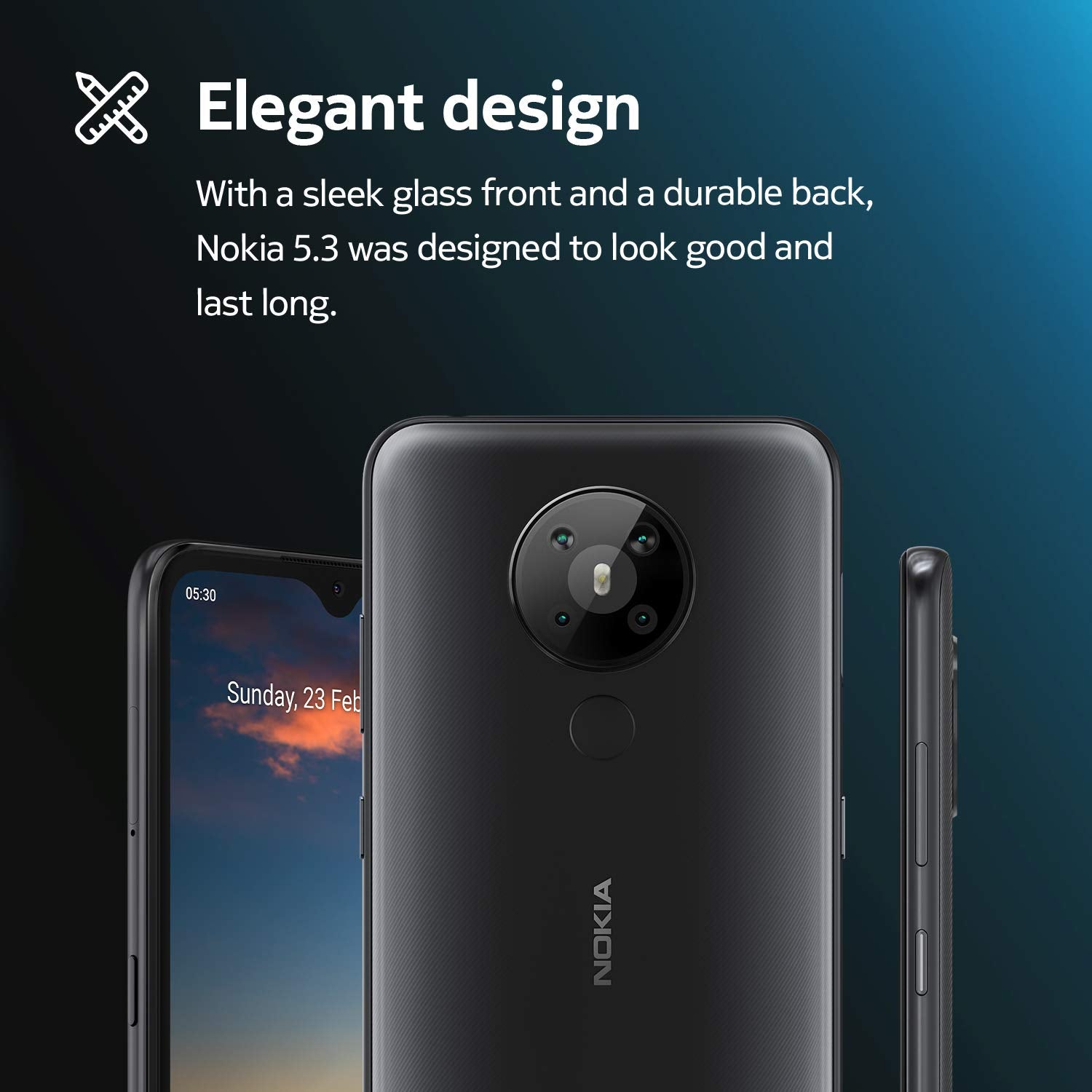Nokia 5.3 | Android 10 | Unlocked Smartphone | 2-Day Battery | Single SIM | 4/64GB | 6.55-Inch Screen | 13MP Quad Camera | Charcoal