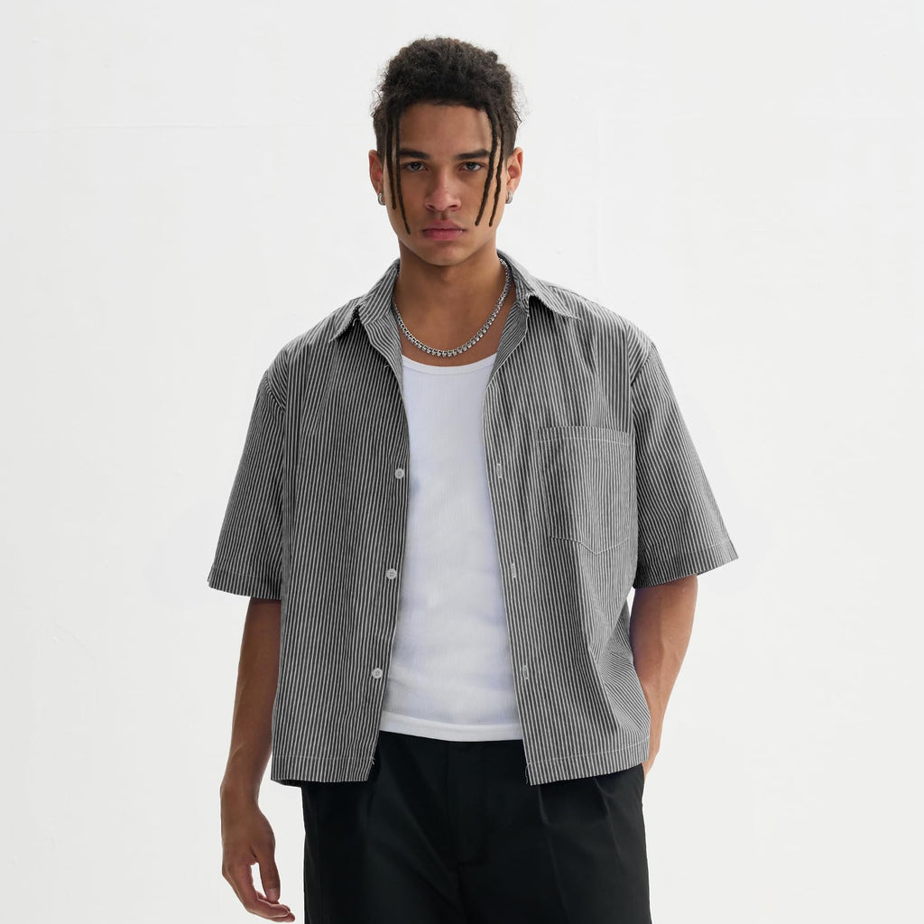 QJT Men's Striped Boxy Cropped Shirts Short Sleeve Button Down Tee Shirt Oversized Baggy Blue T Shirts For Men (US, Alpha, Large, Regular, Regular, Black)