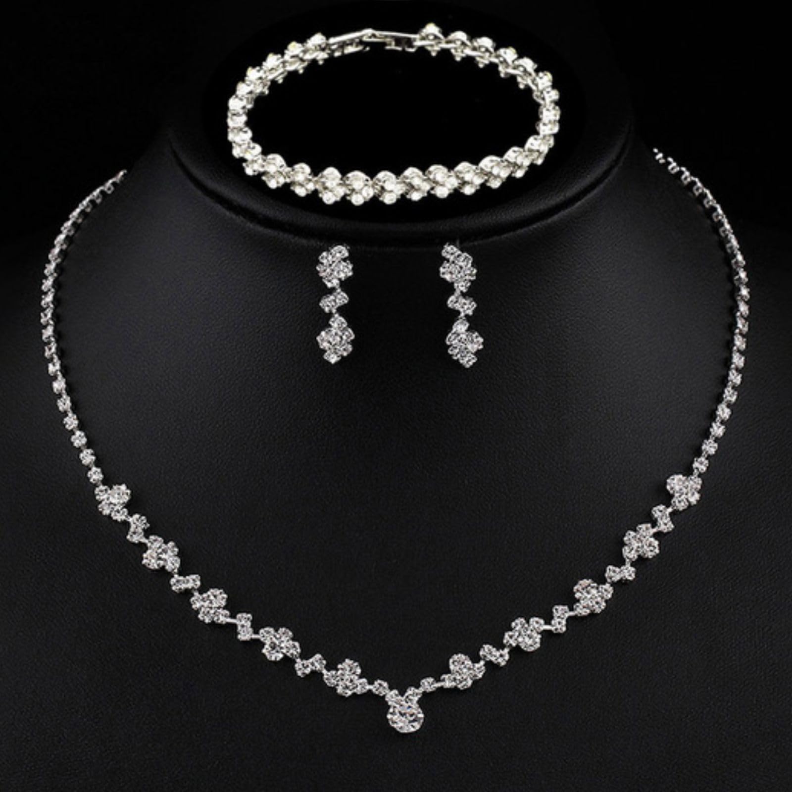 Tatibana Crystal Wedding Jewelry Set, Silver Necklace Earrings, Bracelet Crystal Bridal Wedding Jewelry Sets, For Brides Prom Costume Accessories or Party Accessories