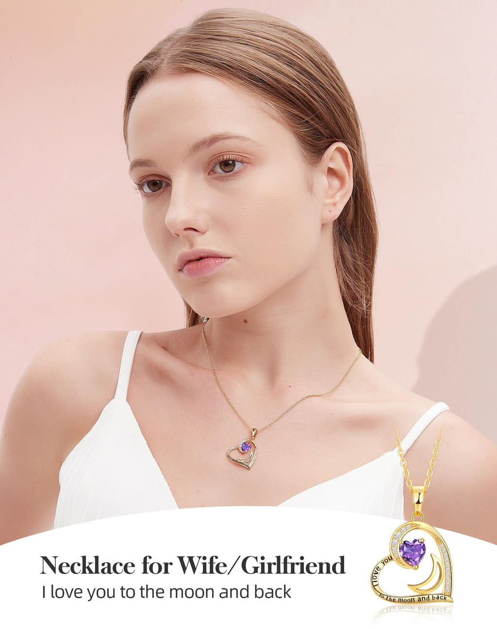 lobci Gold Necklace for Women Heart Necklaces for Wife Jewelry for Wife Gold Necklace for Girlfriend February Amethyst Jewelry(G-Feb-Amethyst)