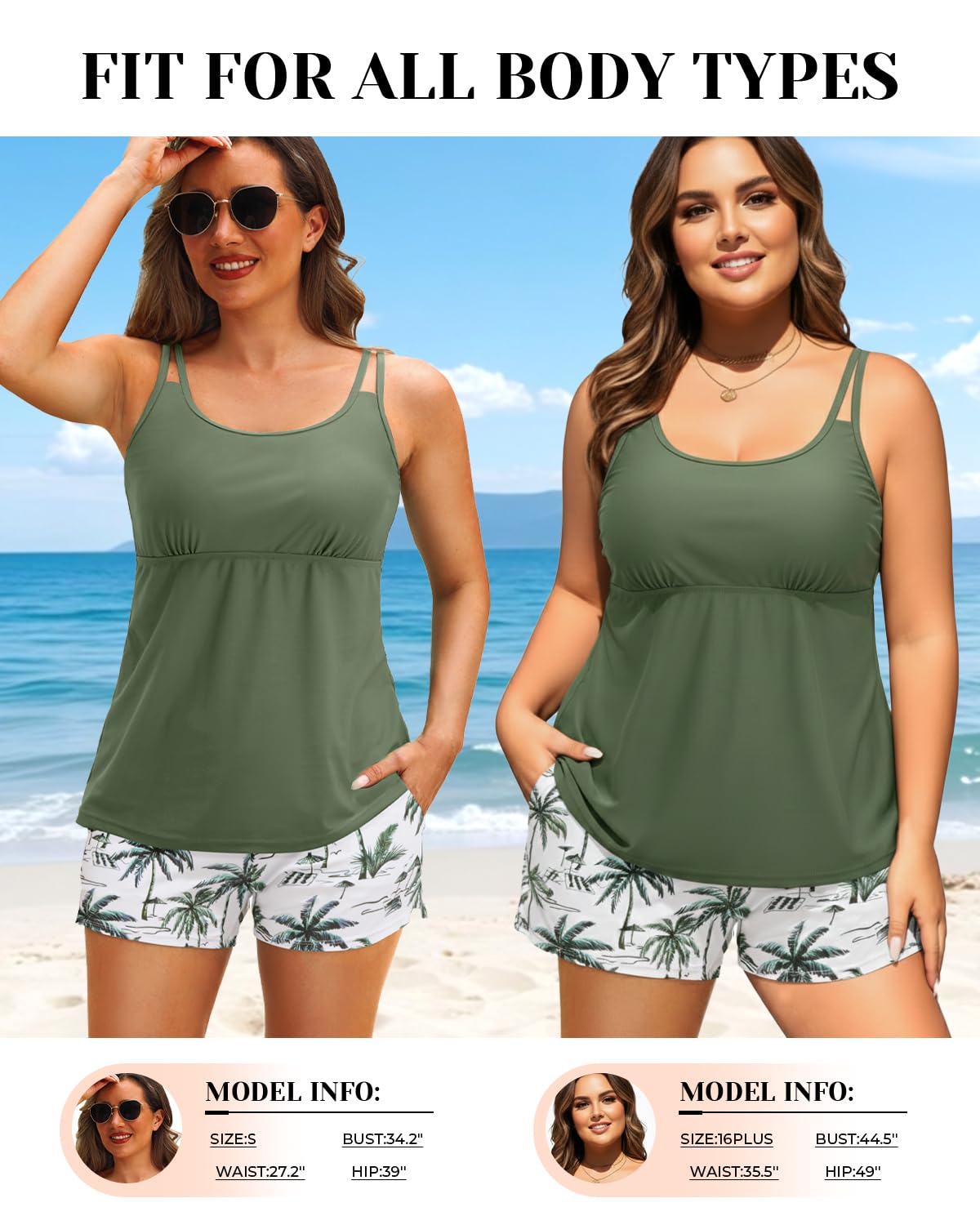 Tempt Me Green Leaves Two Piece Tankini Swimsuits for Women Tummy Control Bathing Suit with Shorts Athletic Swimwear M