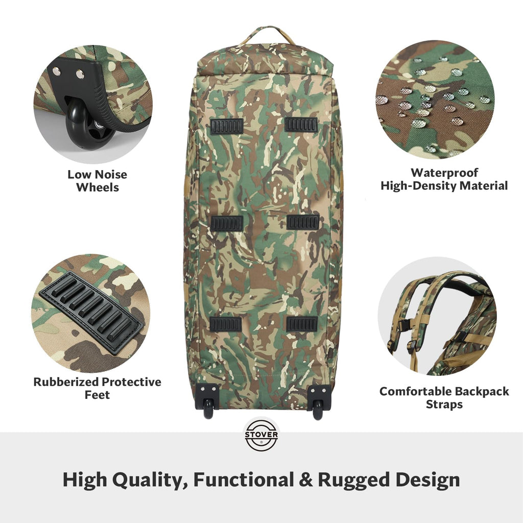 STOVER 45/80/100L Rolling Duffel Bag with Wheels, X-Large Durable Travel Duffle + Toiletry Bag, Heavy Duty, Packable with Shoulder Straps- Use as Luggage or Backpack (Camouflage)