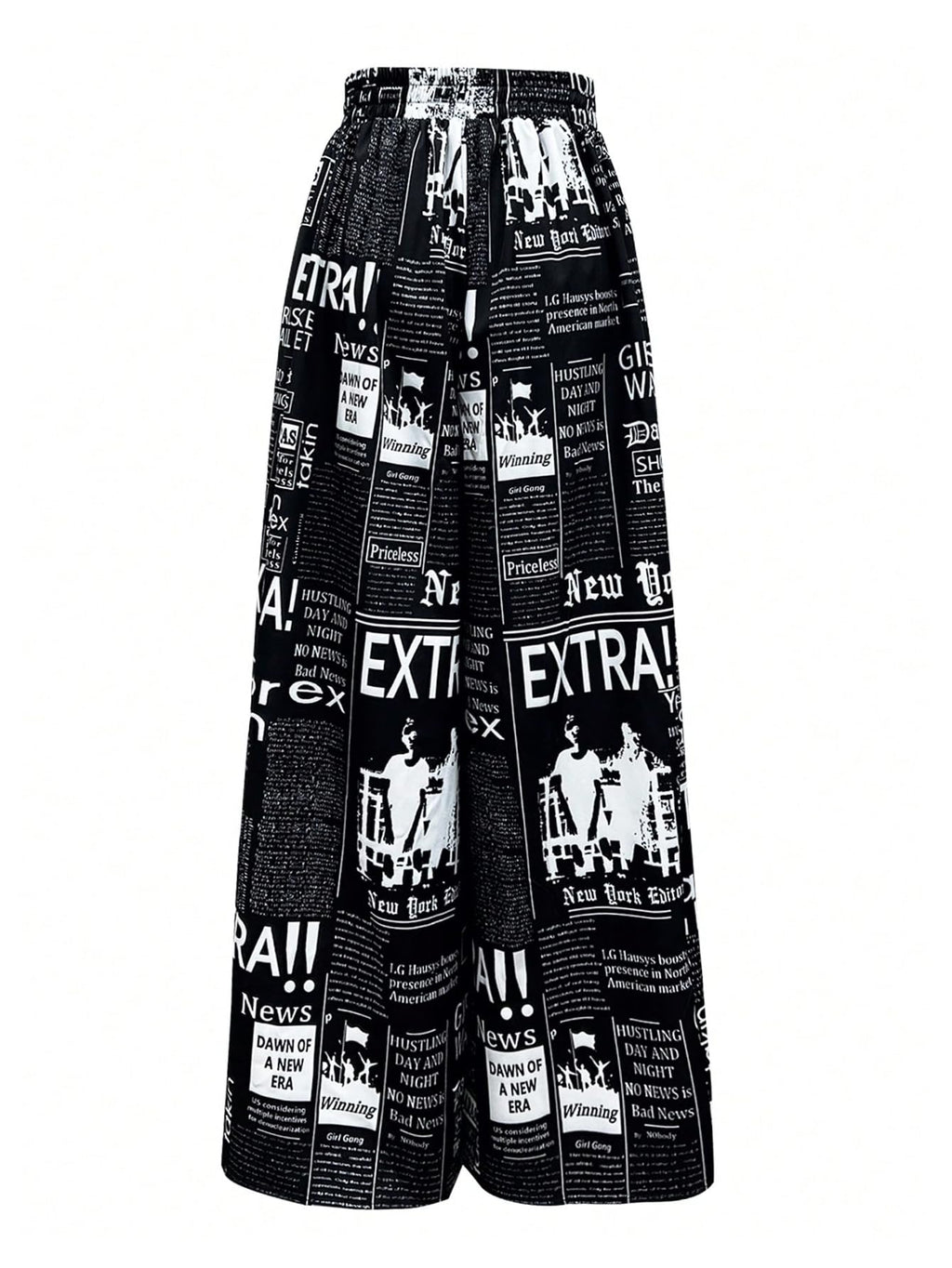 WDIRARA Women's Newspaper Print Wide Leg Pants Elastic Waist Loose Funky Letter Print Palazzo Pants Deep Black Large