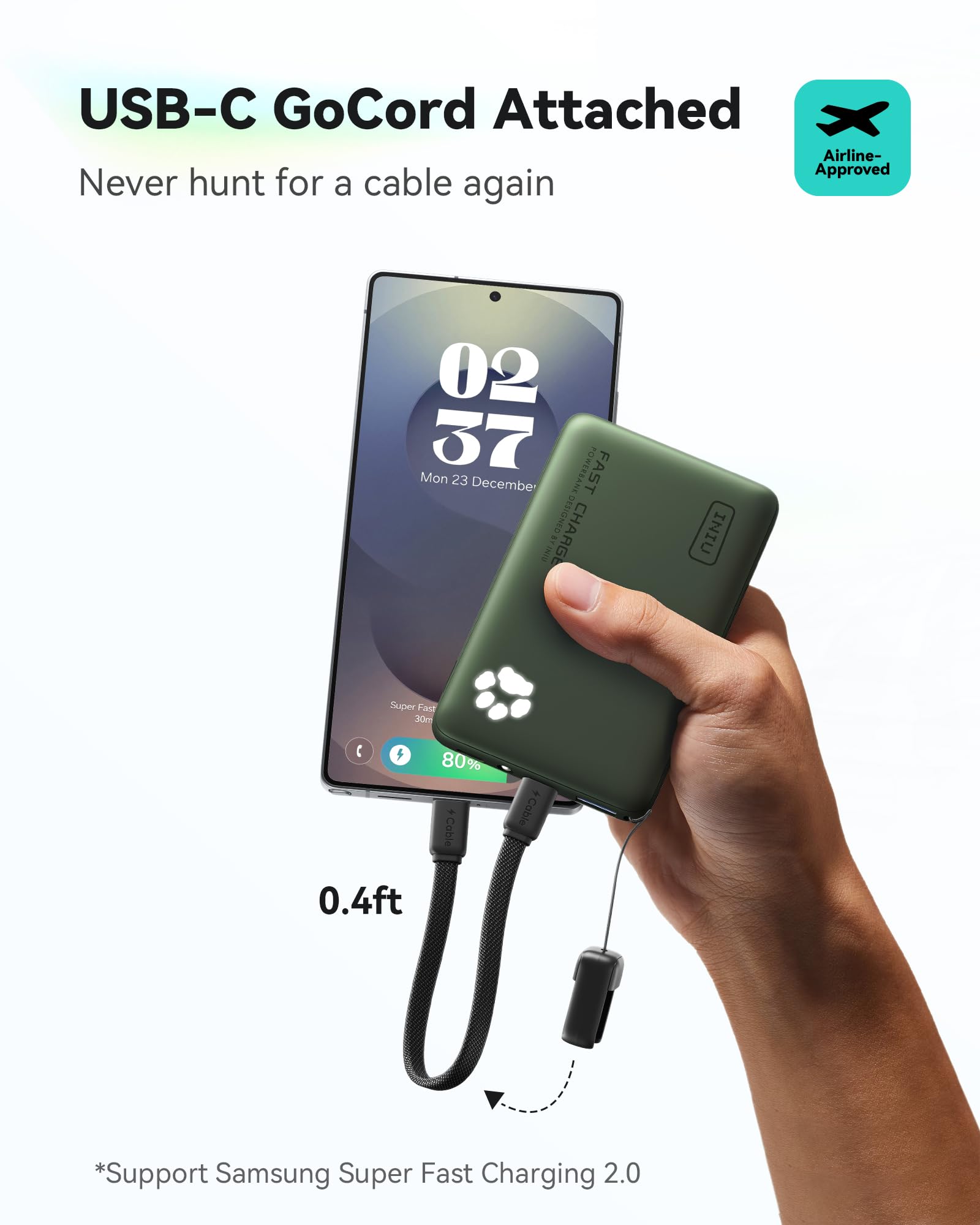 INIU 45W Fast Charging Portable Charger, 40% Smaller 10000mAh with Detachable Cable, Flight-Safe Travel Power Bank, USB C External Phone Battery Pack for Camping, ShortTrip, Travelers, Hikers, Green