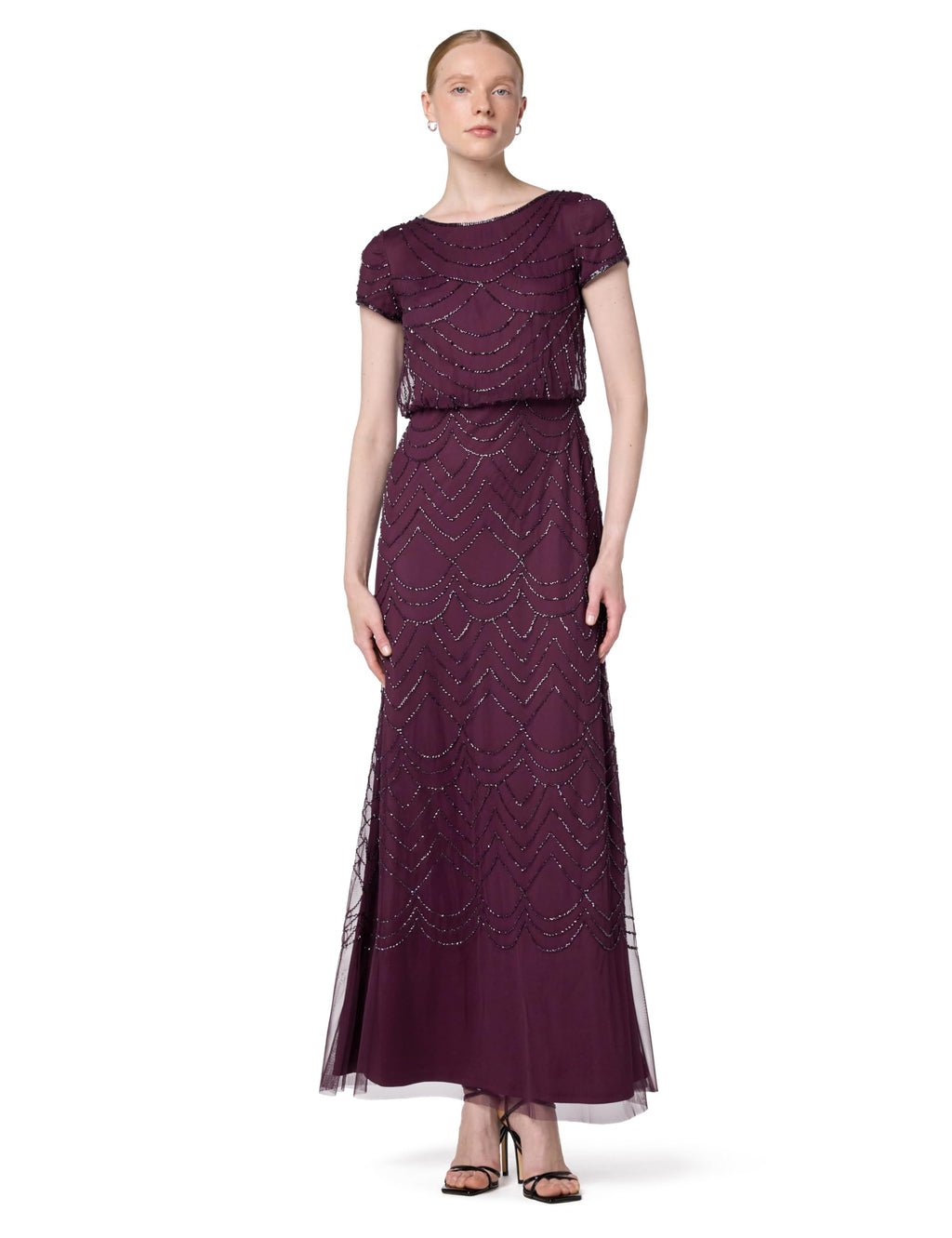 Adrianna Papell Women's Short Sleeve Blouson Beaded Gown Cassis 2