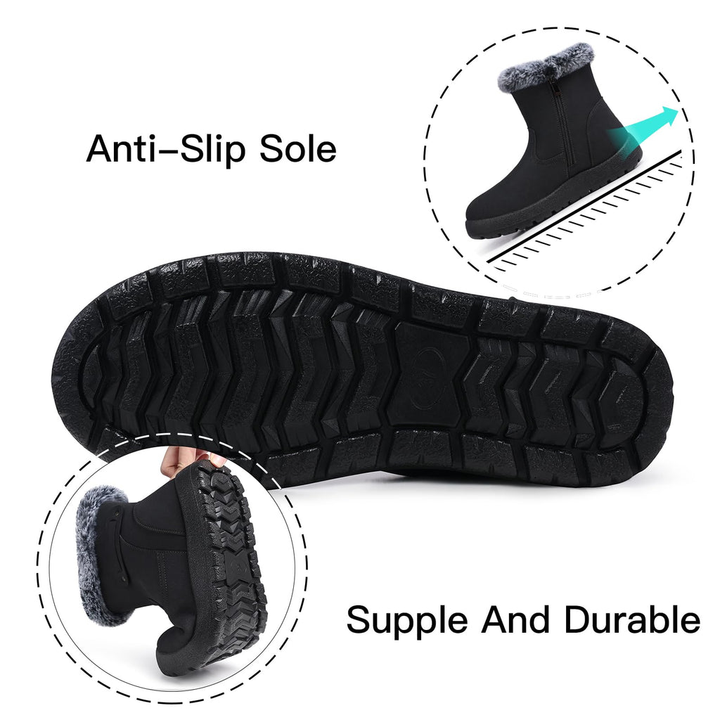 SHIBEVER Women's Snow Boots Winter Fur Lined Waterproof Anti-Slip Leather Women Ankle Snow Boots Black Size 8