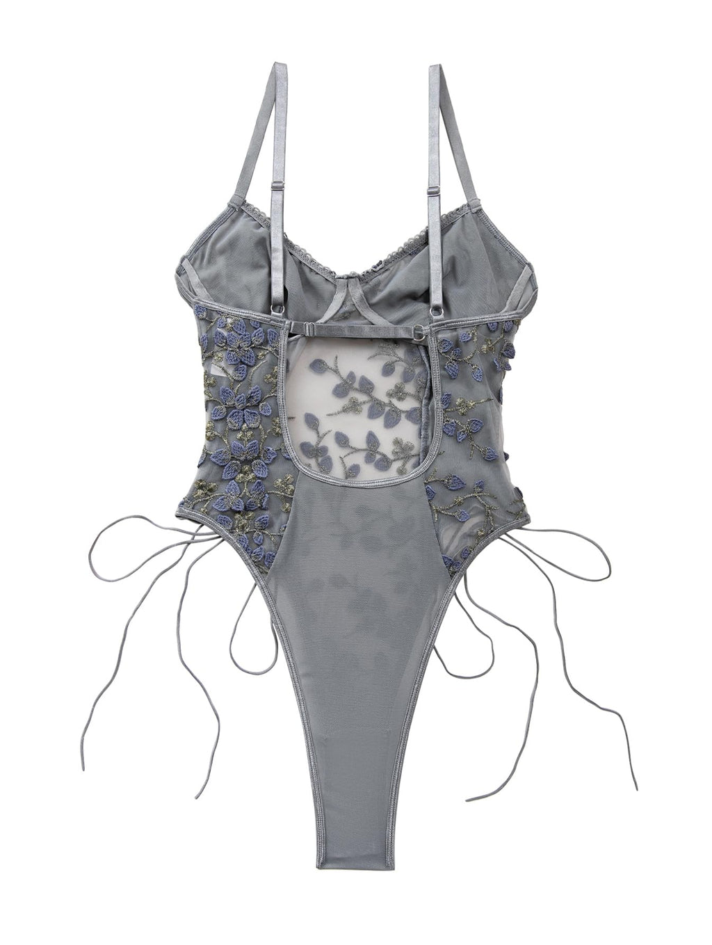 Lilosy Women Sexy Lace Up Floral Embroidered Teddy Babydoll Lingerie Bodysuit Top Mesh Sheer One Piece See Through Medium Grey