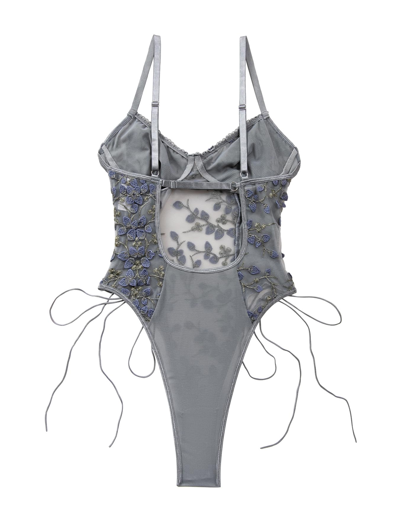 Lilosy Women Sexy Lace Up Floral Embroidered Teddy Babydoll Lingerie Bodysuit Top Mesh Sheer One Piece See Through Medium Grey