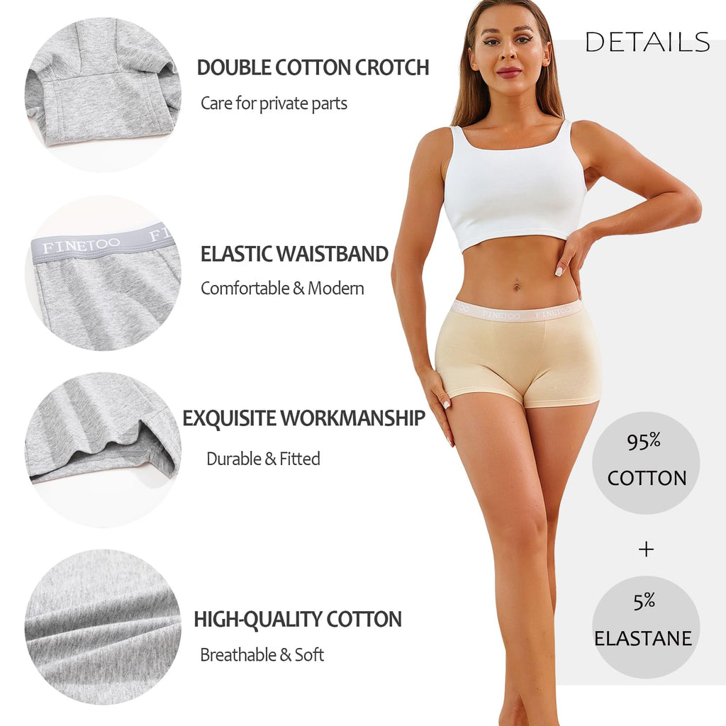 FINETOO Womens Cotton Boy Shorts Underwear Full Coverage Soft Boxer Briefs High Waisted Panties for Lady Girls 6 Pack(S)