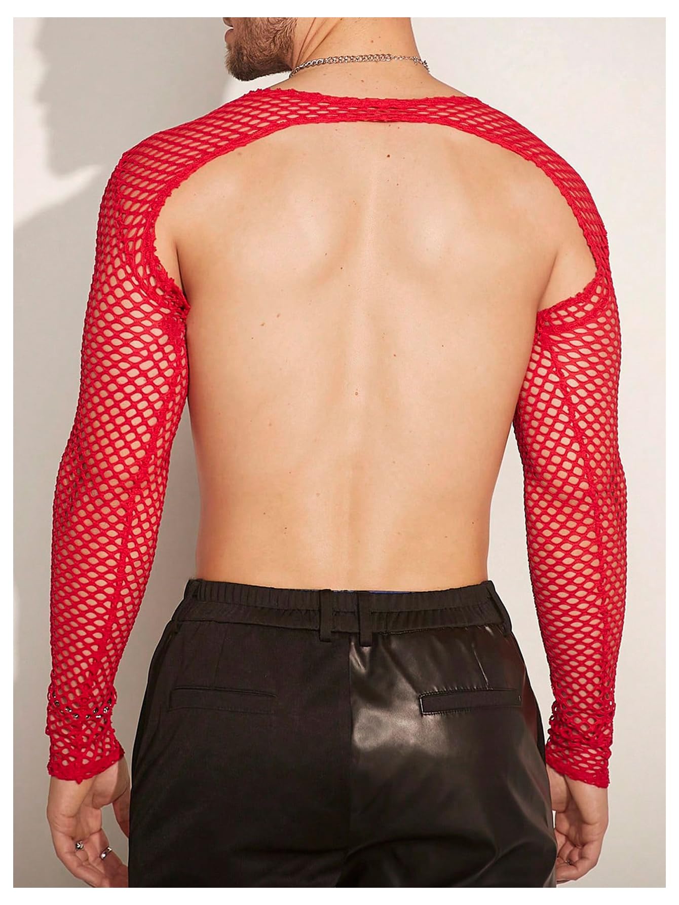 WDIRARA Men's Fishnet Sheer Mesh Long Sleeve T-Shirt Crop Top Slim Fit Party Tee Tops Red Small