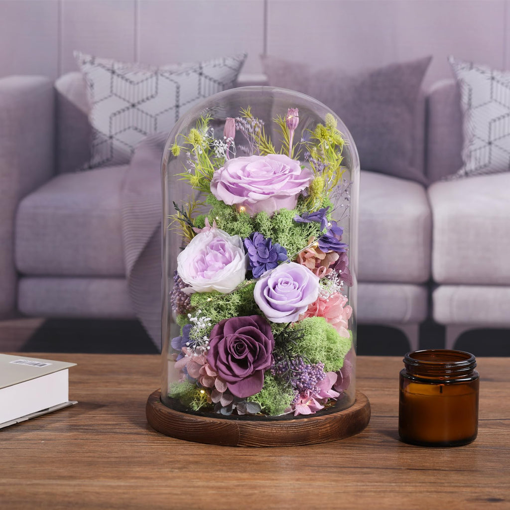 lovenfold Flowers for Delivery Preserved Flowers Rose in Glass Dome,Lilac Rose Forever Flowers Birthday Gifts for Women Mom Grandma Friend Gifts for Her,Home Decor