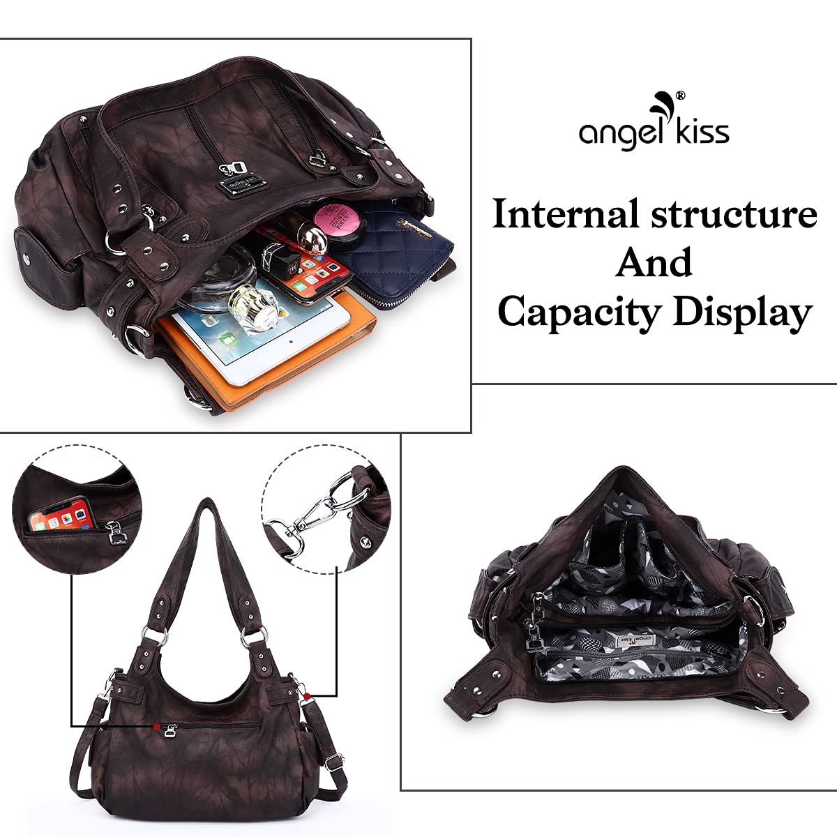 Angel Kiss Large Purses and Handbags for Women Washed Faux Leather Crossbody Hobo Satchel Shoulder Handbag Tote Purse