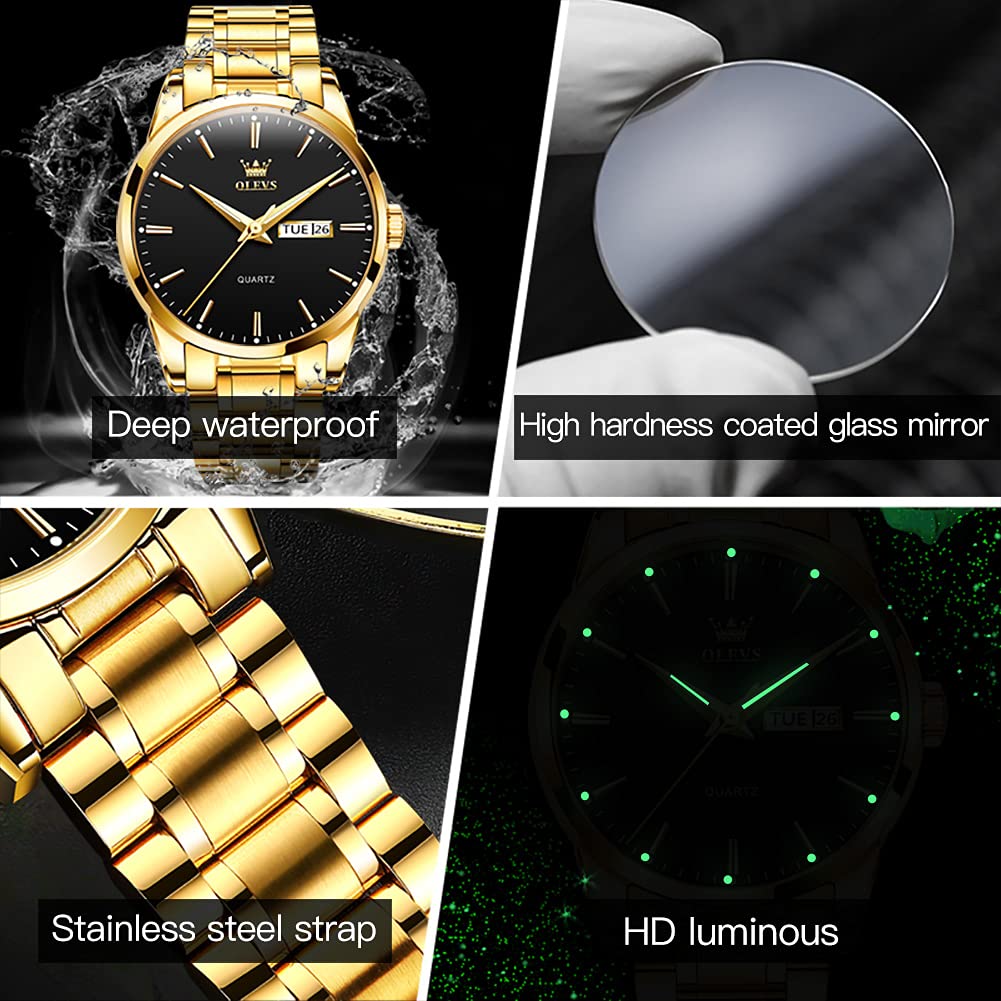 OLEVS Watch Men Gold Watches for Men,Mens Watches Luxury Waterproof Stainless Steel Business Classic Watch for Mens Gold Watch With Black Big Face Day Date Classic Watches Men's Wrist Watches,relojes para hombres