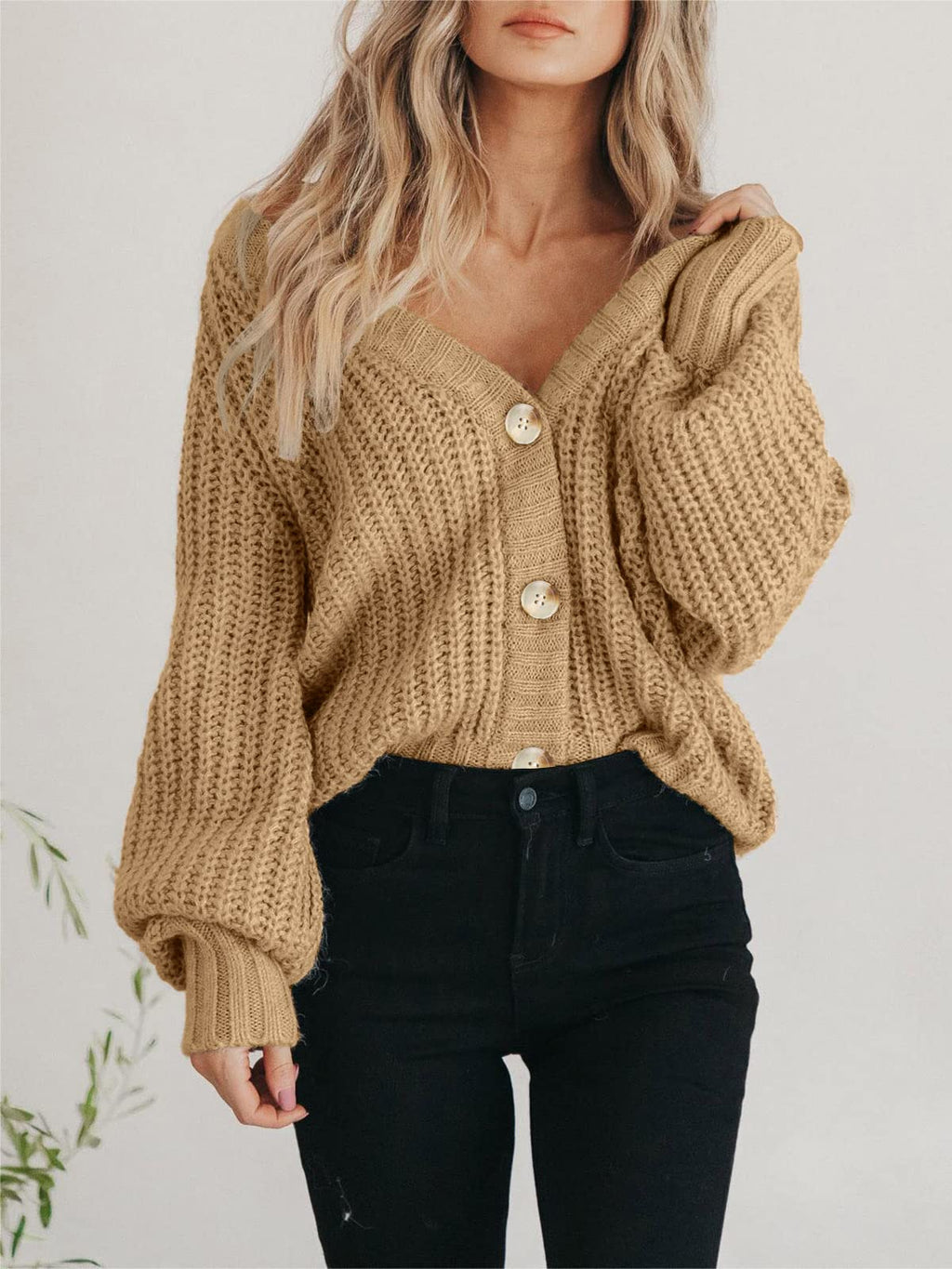 PRETTYGARDEN Long Sleeve Button Up Womens Sweaters Spring 2024 Open Front Plain Cardigans Sweaters Loose Soft Knit Coat Outerwear(Khaki,Medium)