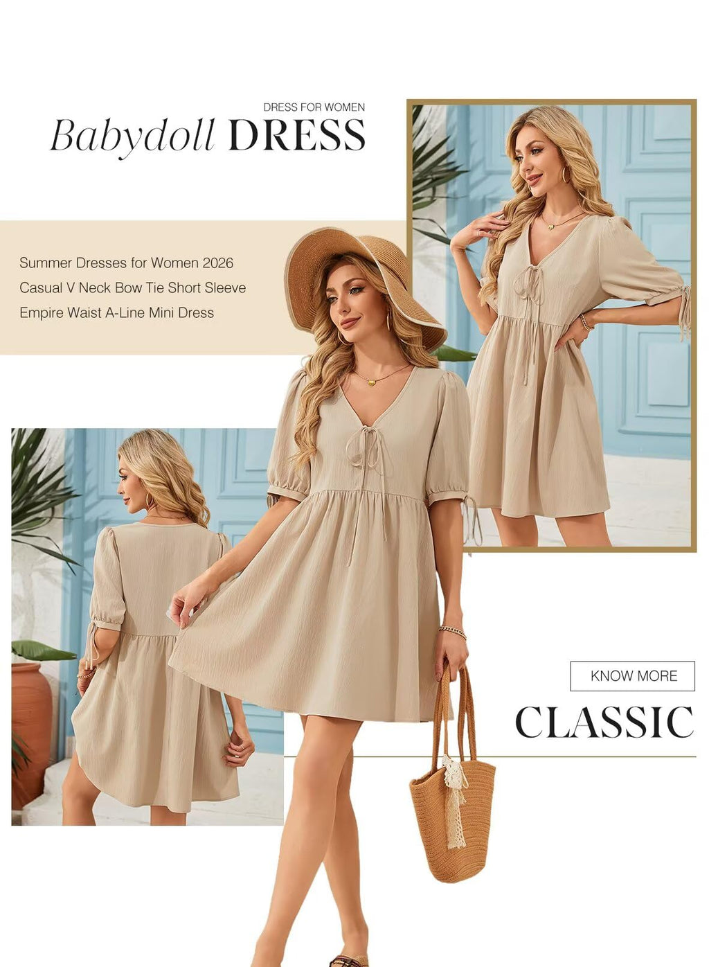 Dokotoo Womens Dresses 2026 Summer Spring V Neck Bow Tie Short Sleeve Empire Waist A-Line Mini Dress Flowy Dresses for Women Apricot XX-Large