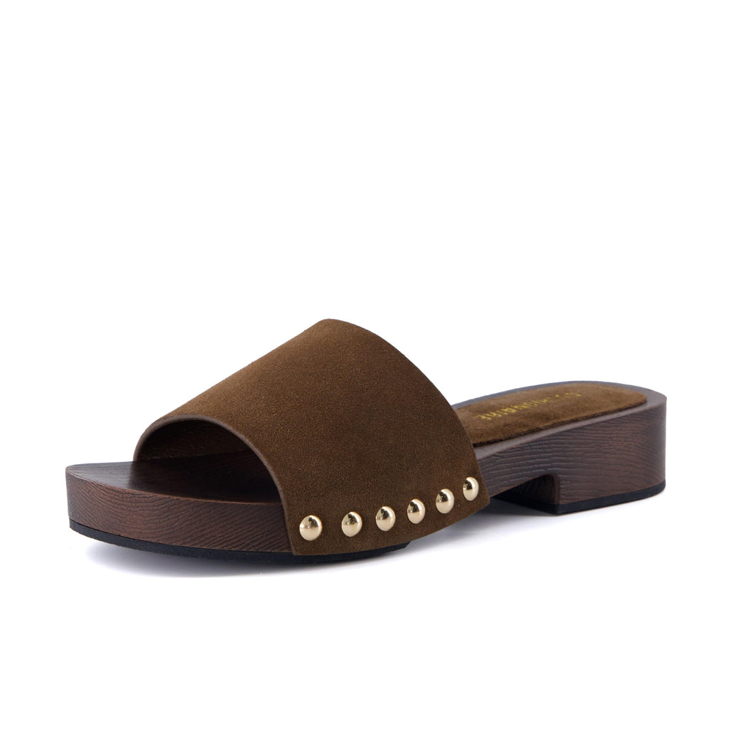 CUSHIONAIRE Timmi 100% Genuine Leather Suede Slides for Women, Slip On Low Heeled Dress Sandal with Studded Detail,BROWN 6